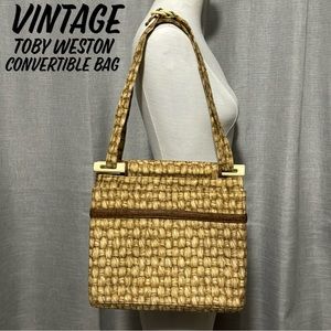 Vintage Toby Weston Convertible Bag-Cloth-Faux Woven Look Print-Tan/Beige